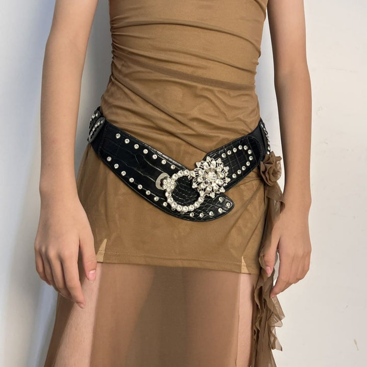 Cintura larga con cuciture di strass, cintura nera per corsetto - image 3