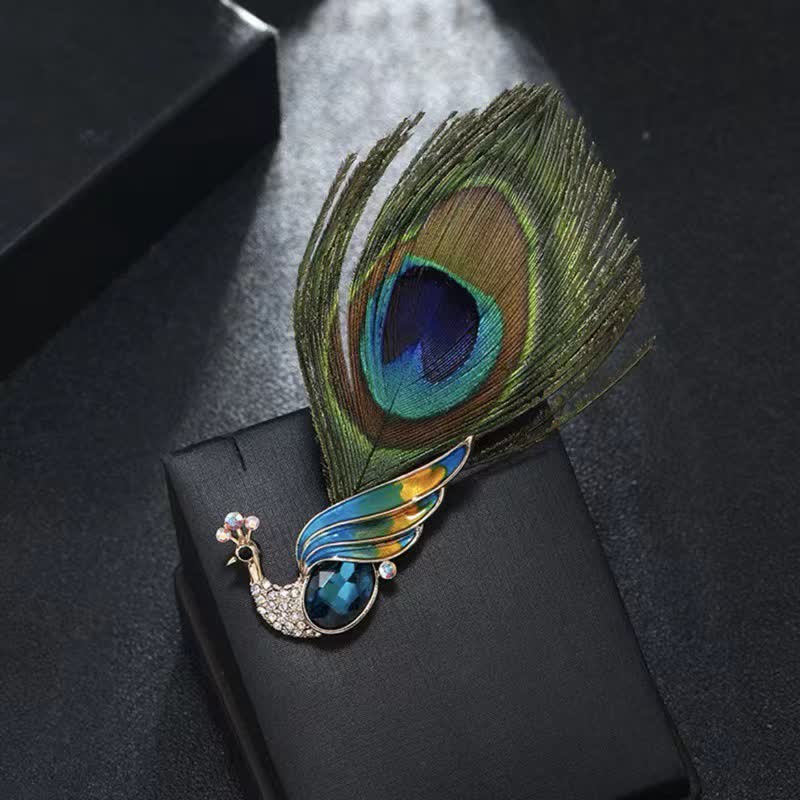 Spilla etnica da donna con piume di pavone e cristalli - Blu - image 2