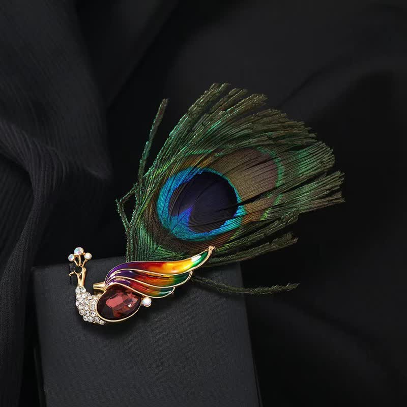 Spilla etnica da donna con piume di pavone e cristalli - Viola - image 0