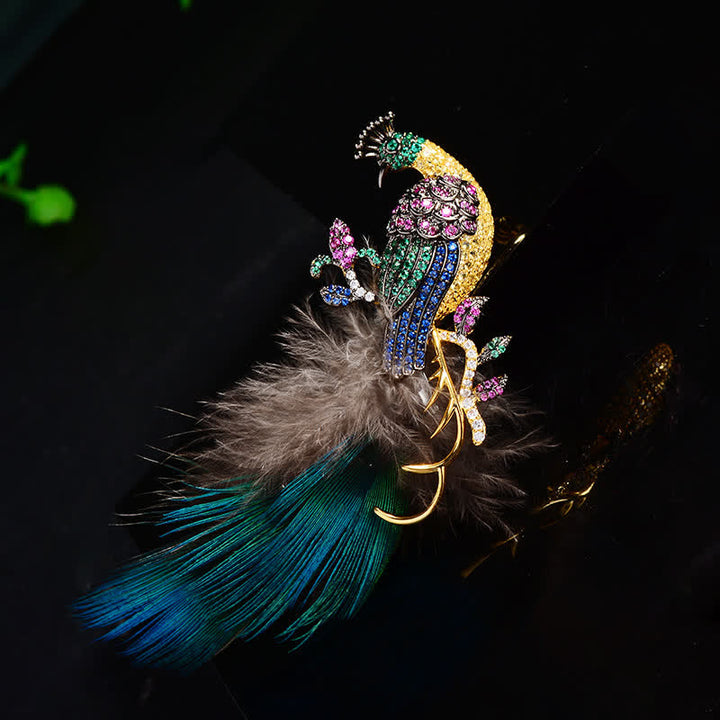 Spilla a forma di piuma di pavone con strass scintillanti da donna - Blu - image 0