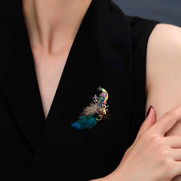 Spilla a forma di piuma di pavone con strass scintillanti da donna - image 1