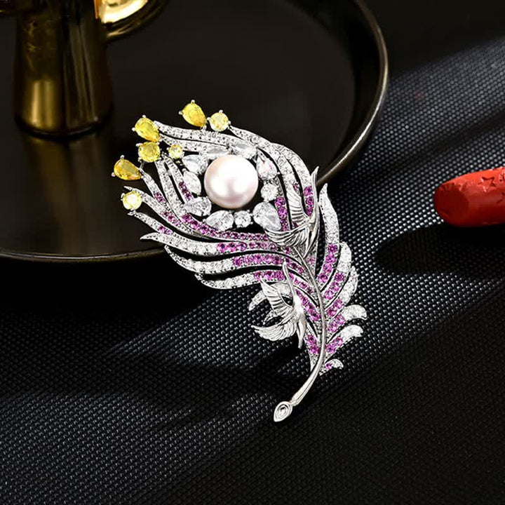 Spilla unisex a forma di piuma con perle di strass rosa e gialli - Rosa e giallo - image 0