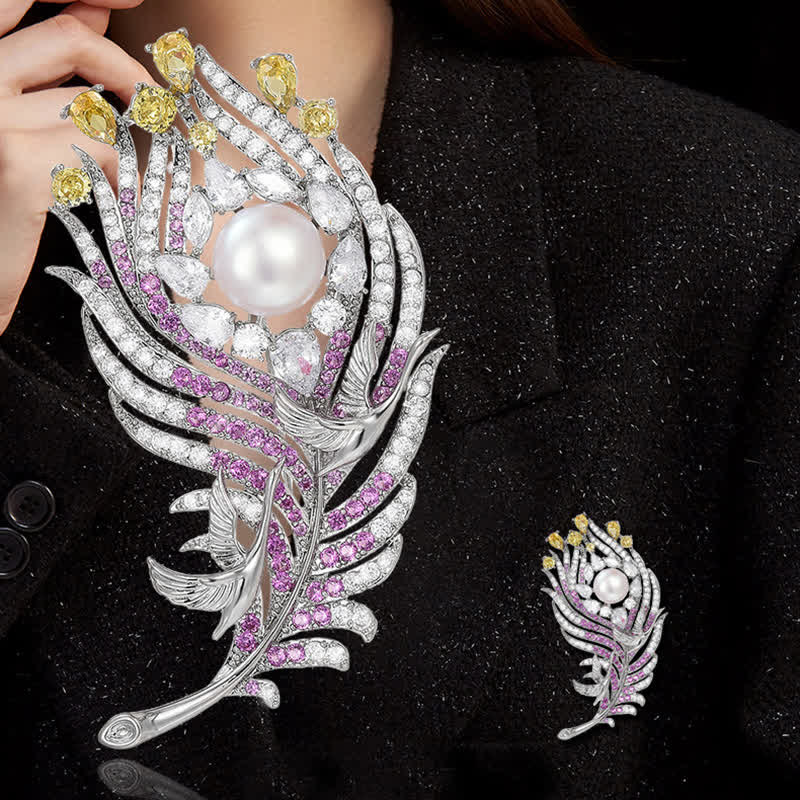 Spilla unisex a forma di piuma con perle di strass rosa e gialli - image 1