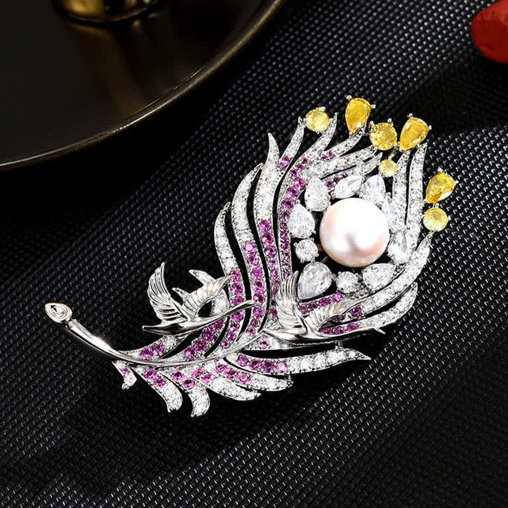 Spilla unisex a forma di piuma con perle di strass rosa e gialli - image 2