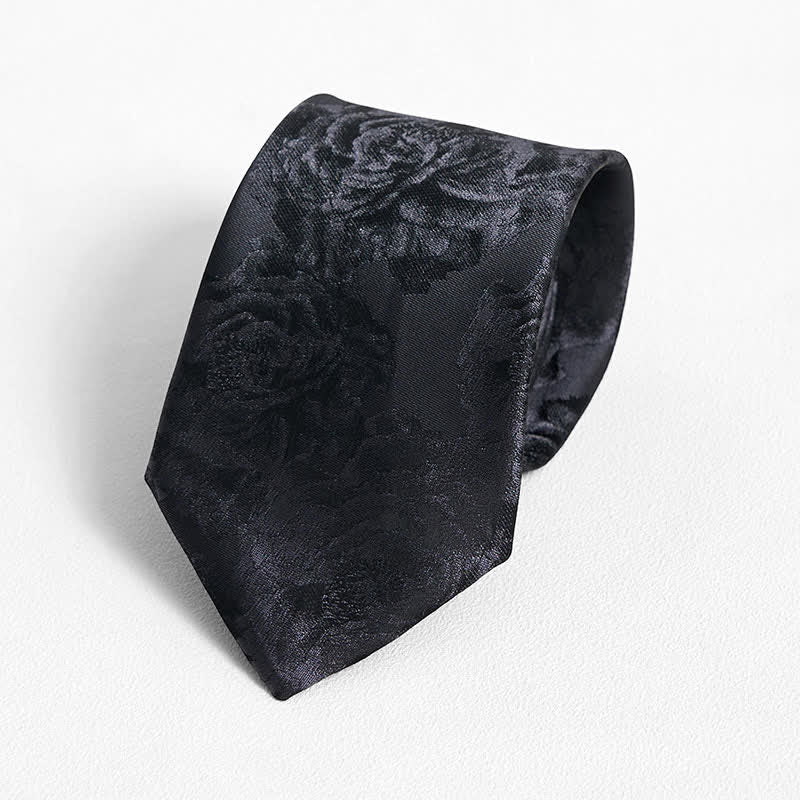 Cravatta classica da uomo con fazzoletto da taschino e motivo a peonia nera - image 2