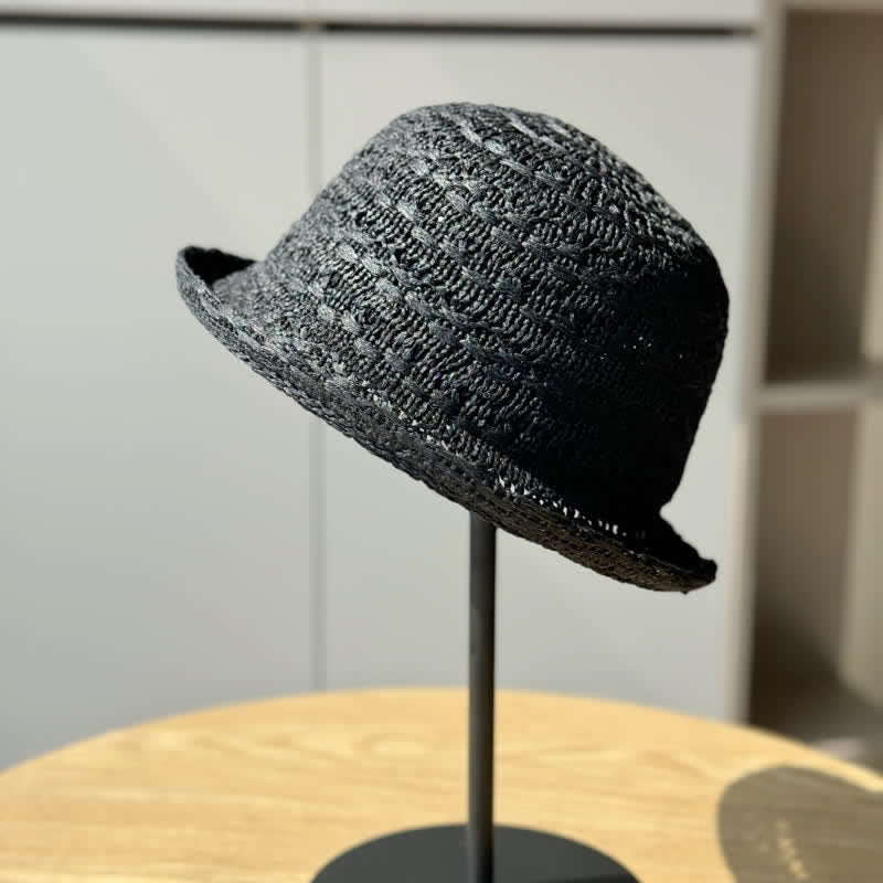 Cappello da pescatore in paglia traspirante con bordo arrotolato unisex - Nero - Regolabile (21 1/4"-23 5/8") - image 9
