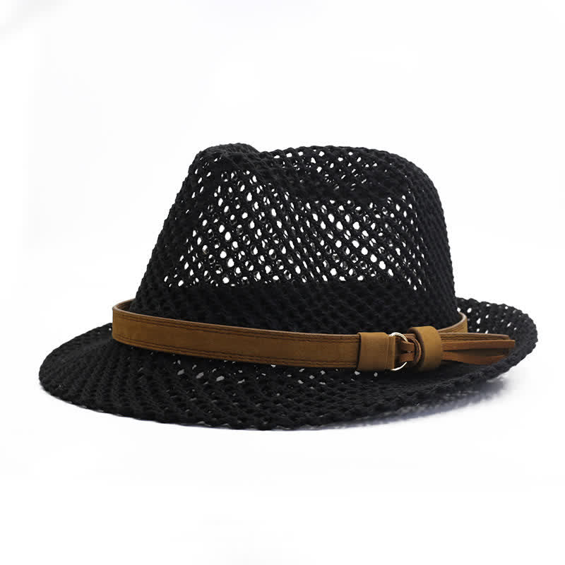 Cappello da uomo in paglia Fedora intrecciata a mano con fascia traforata - Nero - M (22"-22 7/8") - image 1