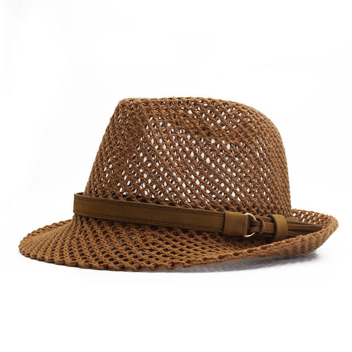 Cappello da uomo in paglia Fedora intrecciata a mano con fascia traforata - Marrone - M (22"-22 7/8") - image 0