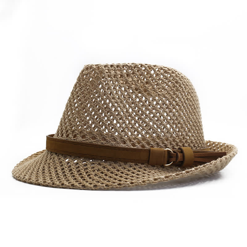 Cappello da uomo in paglia Fedora intrecciata a mano con fascia traforata - Cachi - M (22"-22 7/8") - image 4