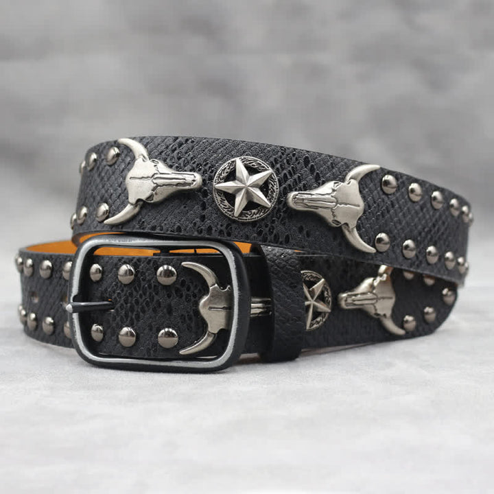 Cintura in pelle stampata con testa di toro argentata e rivetto in pelle di serpente nera - Nero - 44 - image 0