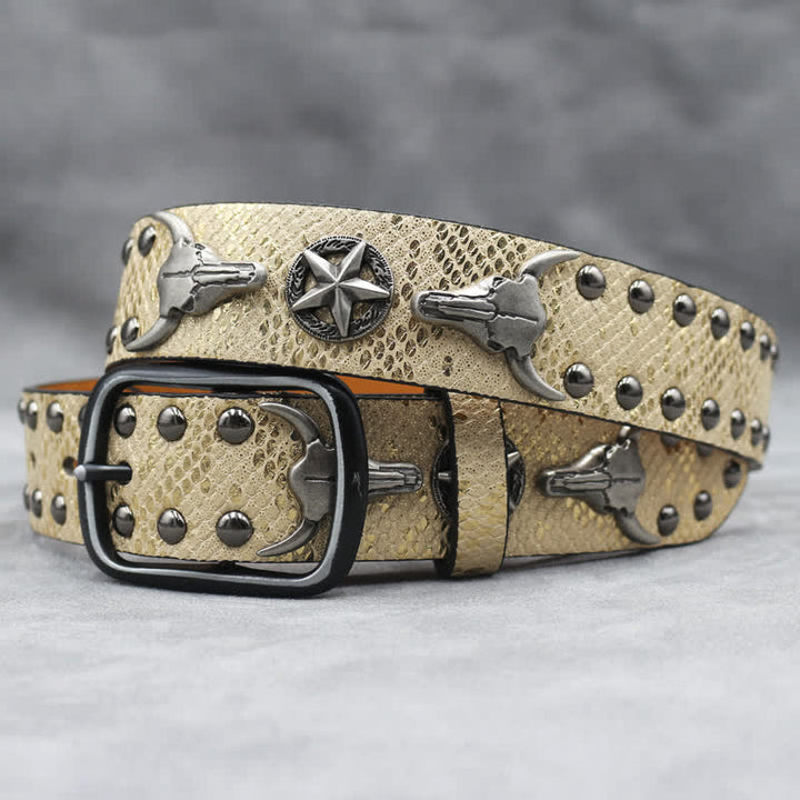 Cintura in pelle stampata con testa di toro argentata e rivetto in pelle di serpente nera - Oro - 44 - image 8