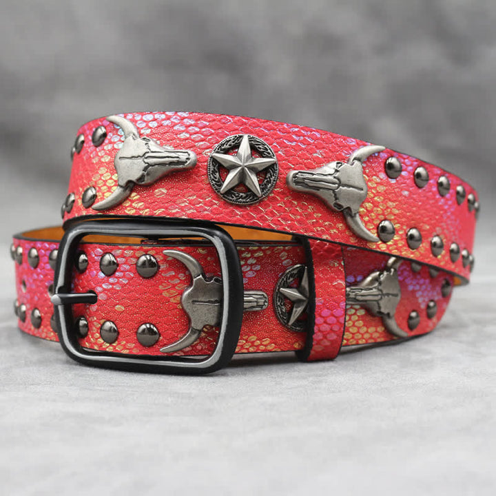 Cintura in pelle stampata con testa di toro argentata e rivetto in pelle di serpente nera - Rosso - 44 - image 10