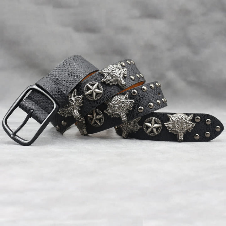 Cintura in pelle stampata in pelle di serpente nera con rivetto a testa di lupo in argento antico - image 1