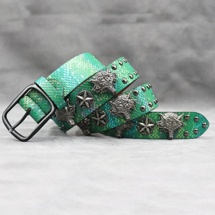 Cintura in pelle stampata in pelle di serpente nera con rivetto a testa di lupo in argento antico - image 11