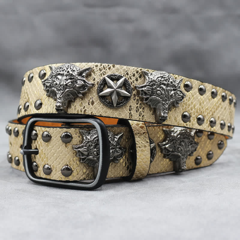 Cintura in pelle stampata in pelle di serpente nera con rivetto a testa di lupo in argento antico - Oro - 44 - image 7