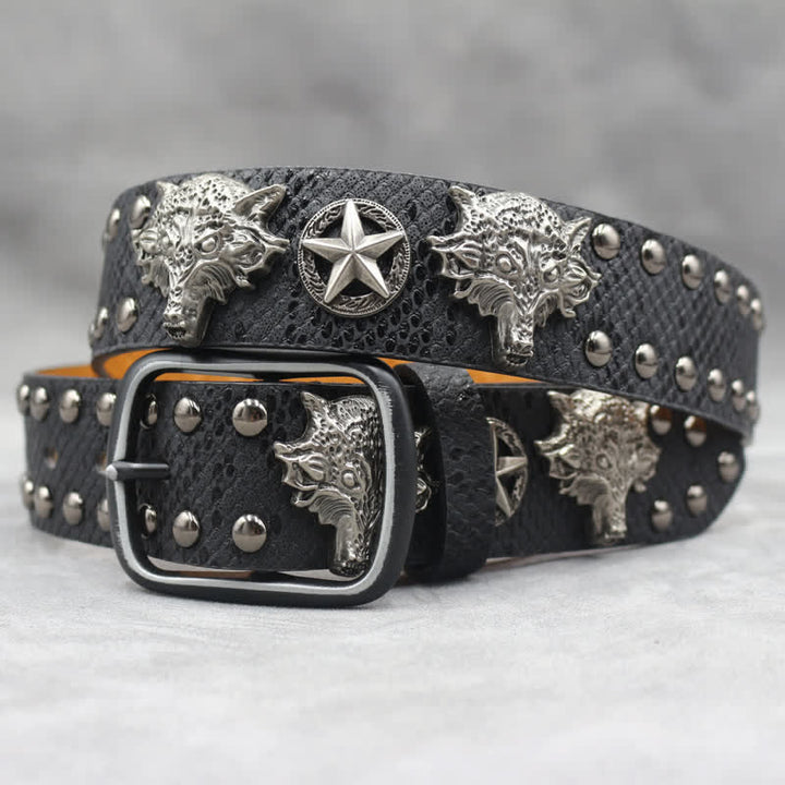 Cintura in pelle stampata in pelle di serpente nera con rivetto a testa di lupo in argento antico - Nero - 44 - image 0