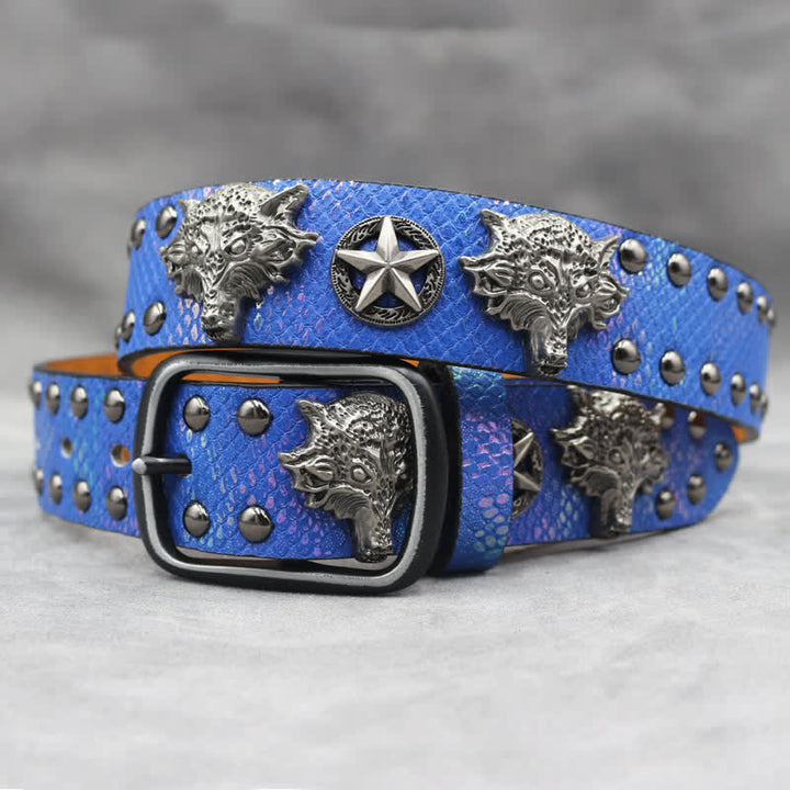 Cintura in pelle stampata in pelle di serpente nera con rivetto a testa di lupo in argento antico - Blu - 44 - image 12