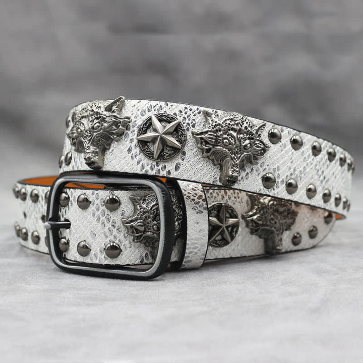 Cintura in pelle stampata in pelle di serpente nera con rivetto a testa di lupo in argento antico - Bianco - 44 - image 5
