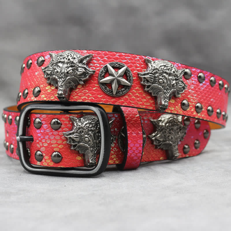 Cintura in pelle stampata in pelle di serpente nera con rivetto a testa di lupo in argento antico - Rosso - 44 - image 8