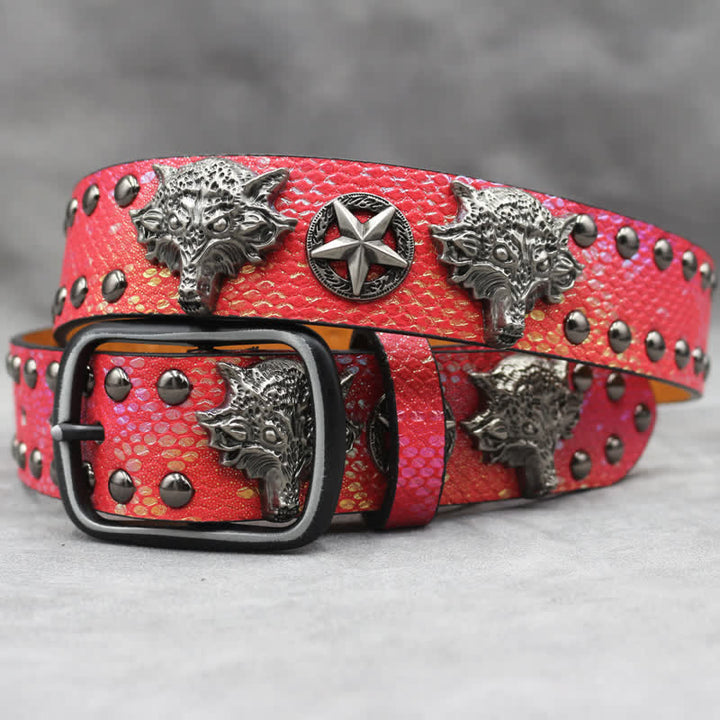 Cintura in pelle stampata in pelle di serpente nera con rivetto a testa di lupo in argento antico - Rosso - 44 - image 8