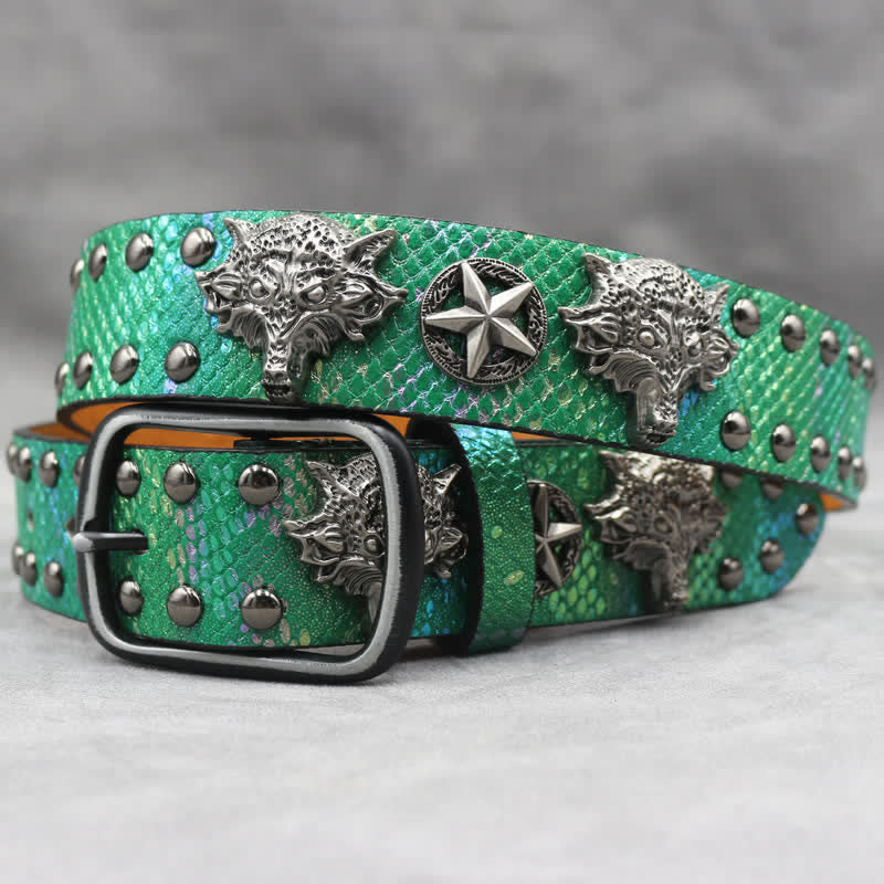 Cintura in pelle stampata in pelle di serpente nera con rivetto a testa di lupo in argento antico - Verde - 44 - image 10