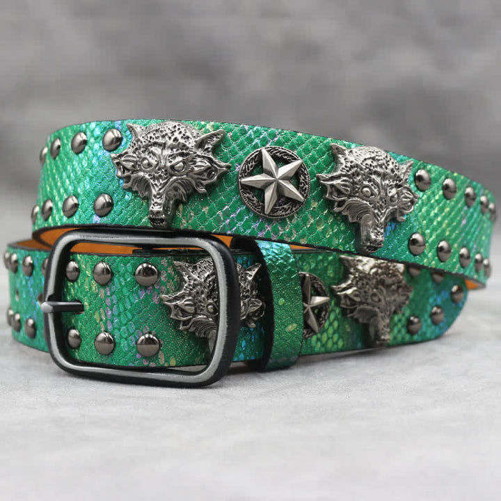 Cintura in pelle stampata in pelle di serpente nera con rivetto a testa di lupo in argento antico - Verde - 44 - image 10