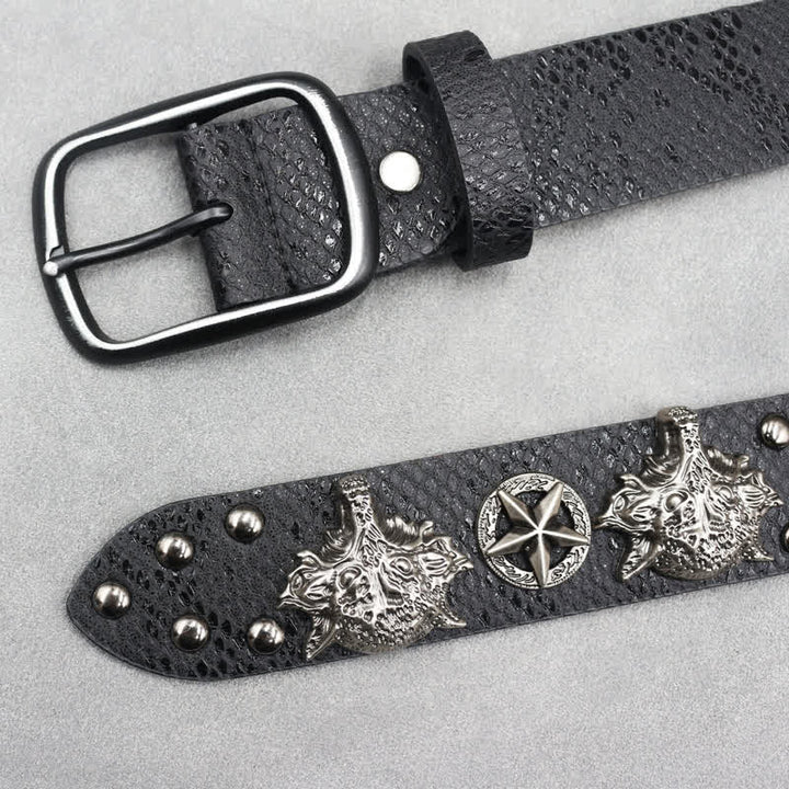 Cintura in pelle stampata in pelle di serpente nera con rivetto a testa di lupo in argento antico - image 2