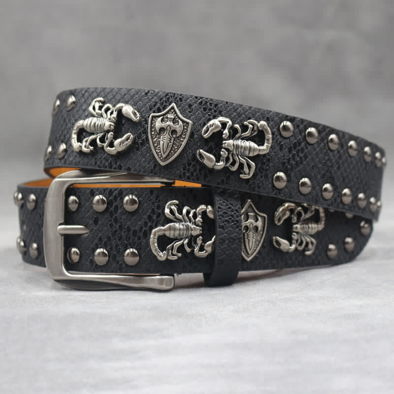 Cintura in pelle stampata con rivetti a forma di scorpione in argento antico - Nero - 44 - image 0