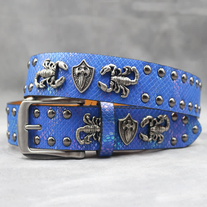 Cintura in pelle stampata con rivetti a forma di scorpione in argento antico - Blu - 44 - image 14