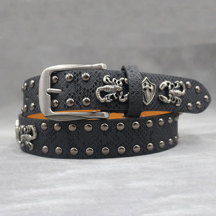 Cintura in pelle stampata con rivetti a forma di scorpione in argento antico - image 4