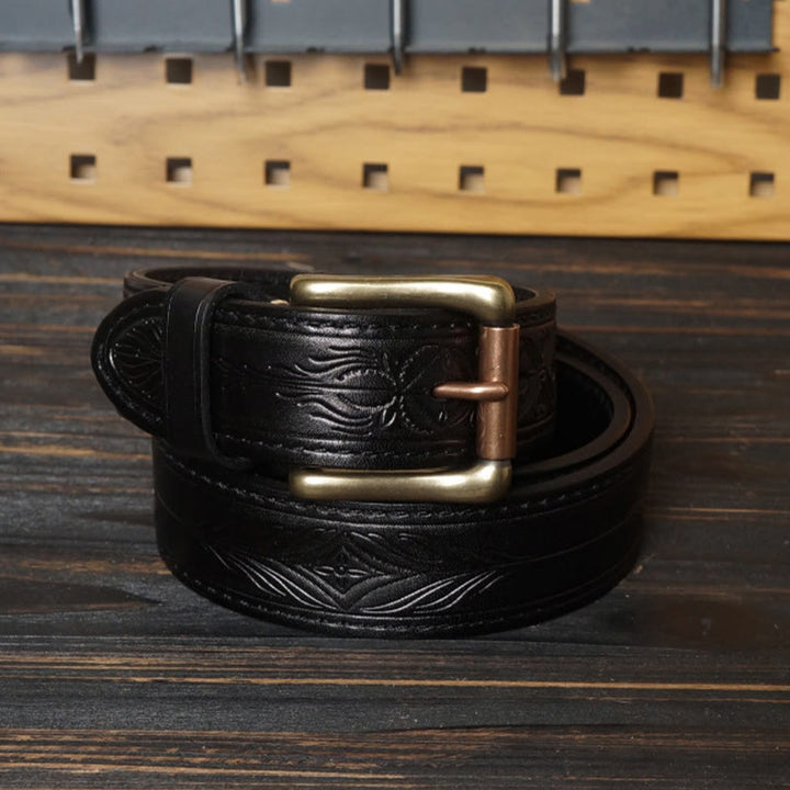 Cintura in pelle con fiore in rilievo in stile western con fibbia in ottone massiccio - Nero - 46 - image 9
