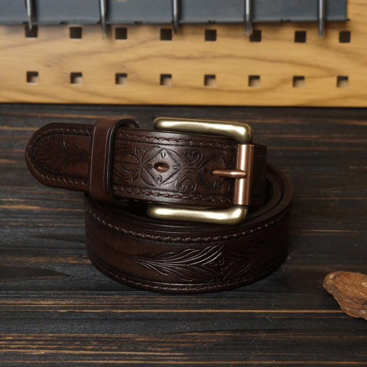 Cintura in pelle con fiore in rilievo in stile western con fibbia in ottone massiccio - Caffè - 46 - image 6