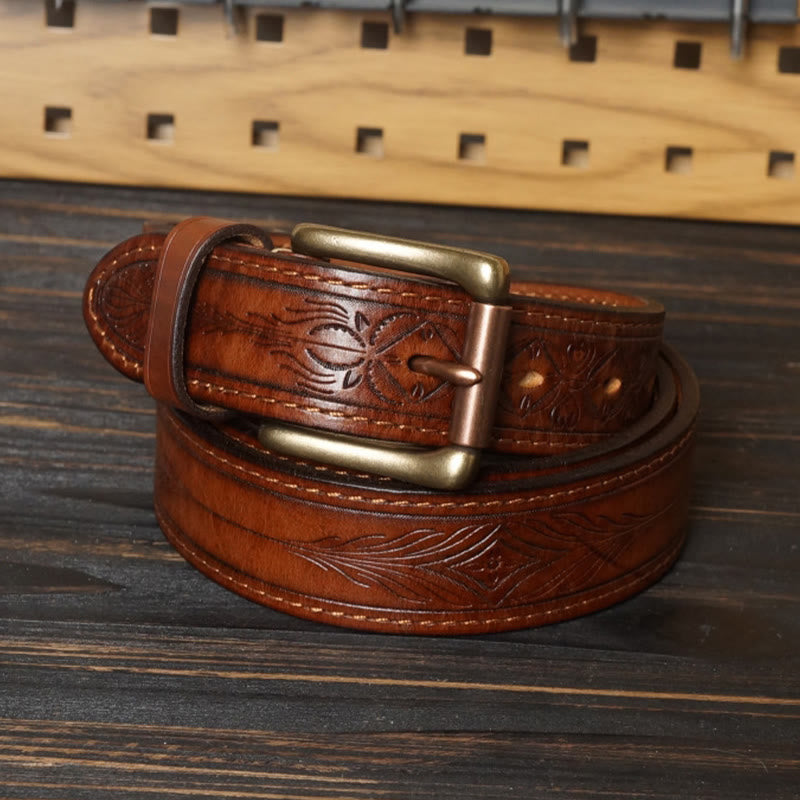 Cintura in pelle con fiore in rilievo in stile western con fibbia in ottone massiccio - Cachi - 46 - image 0