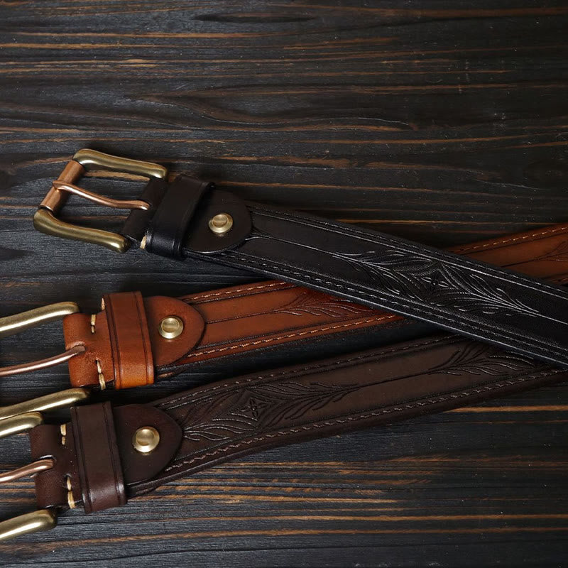 Cintura in pelle con fiore in rilievo in stile western con fibbia in ottone massiccio - image 3