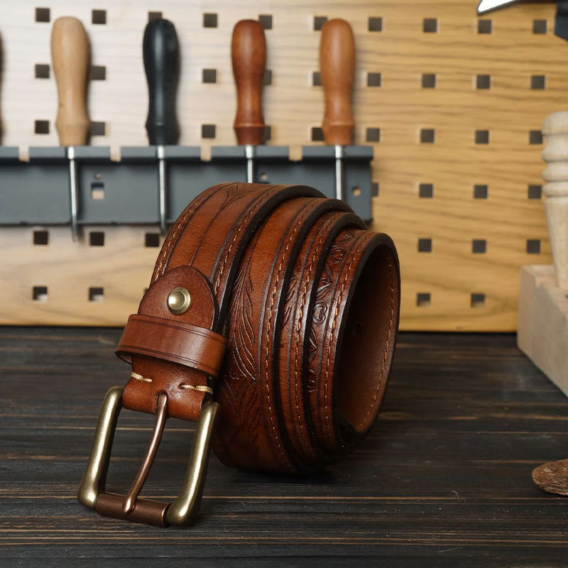 Cintura in pelle con fiore in rilievo in stile western con fibbia in ottone massiccio - image 1