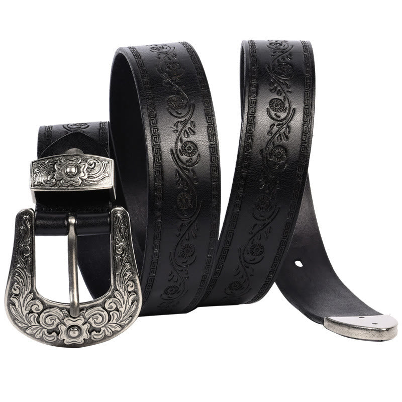 Cintura in pelle goffrata con fibbia in argento - Fiore fortunato-Nero - 44 - image 5