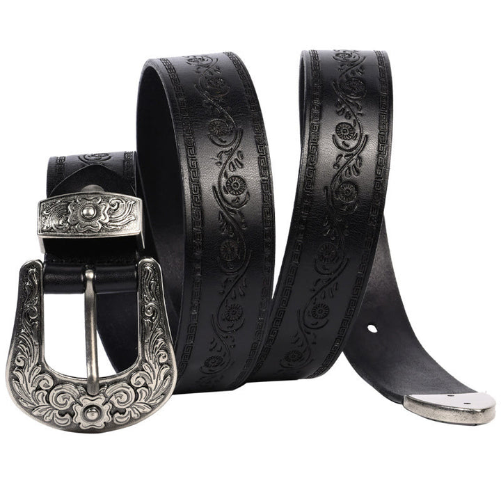 Cintura in pelle goffrata con fibbia in argento - Fiore fortunato-Nero - 44 - image 5