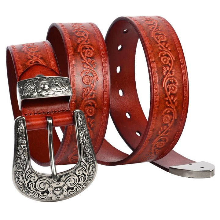 Cintura in pelle goffrata con fibbia in argento - Fiore della Fortuna - Rosso Marrone - 44 - image 1
