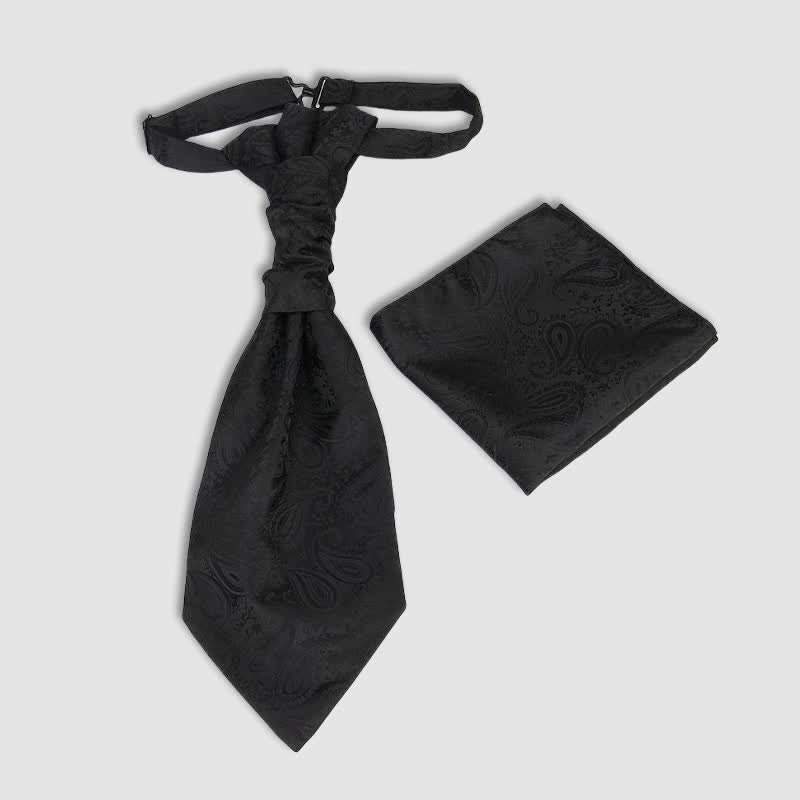 2 pezzi cravatta con nodo a rughe Paisley pre-annodato da uomo e fazzoletto da taschino - Nero - image 2