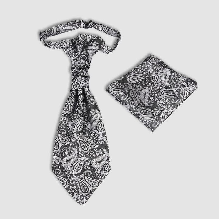 2 pezzi cravatta con nodo a rughe Paisley pre-annodato da uomo e fazzoletto da taschino - Grigio - image 0