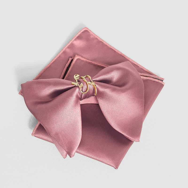 Fazzoletto da taschino con papillon oversize a punta e foglia di vite dorata da uomo - Rosa - Papillon + fazzoletto da taschino - image 15