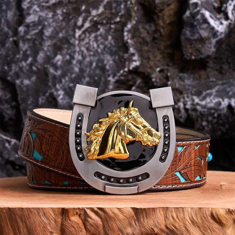 Cintura in pelle con fibbia a ferro di cavallo fai da te in oro e nero - Ferro di cavallo - Cintura intagliata turchese - 42 - image 3