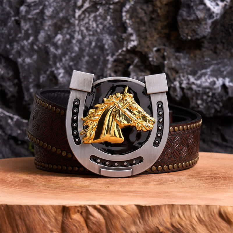 Cintura in pelle con fibbia a ferro di cavallo fai da te in oro e nero - Ferro di cavallo - Cintura con rivetti marroni - 42 - image 4