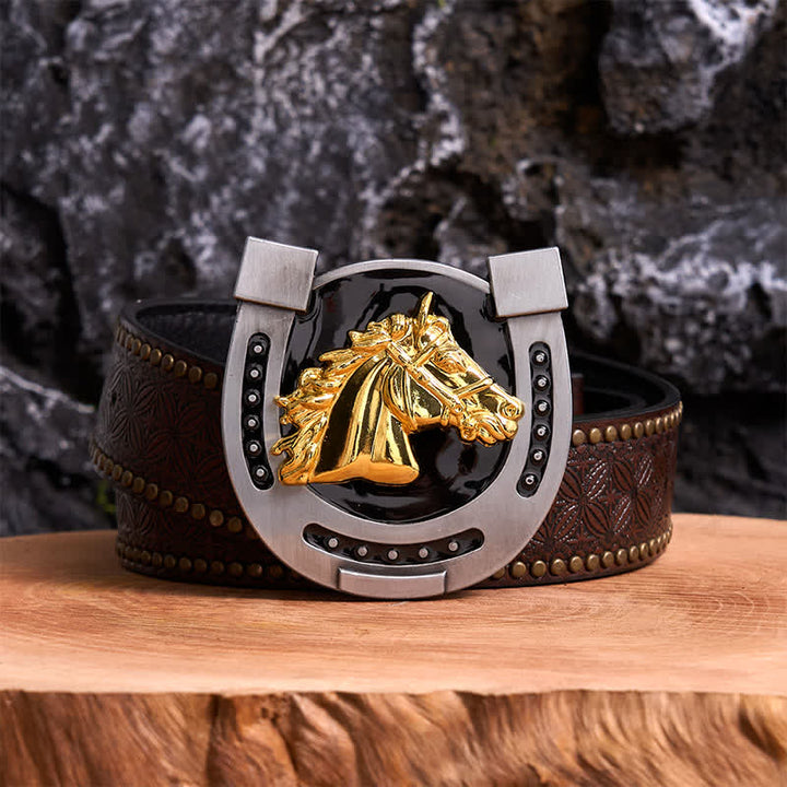 Cintura in pelle con fibbia a ferro di cavallo fai da te in oro e nero - Ferro di cavallo - Cintura con rivetti marroni - 42 - image 4