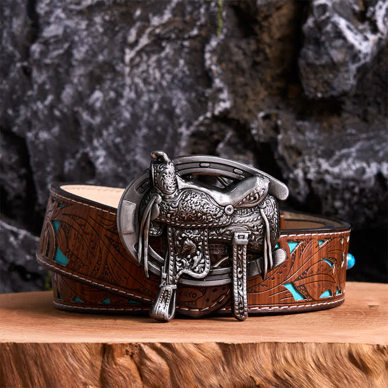 Cintura in pelle con fibbia a ferro di cavallo fai da te per sport equestri - Sella e ferro di cavallo - Cintura intagliata turchese - 42 - image 3