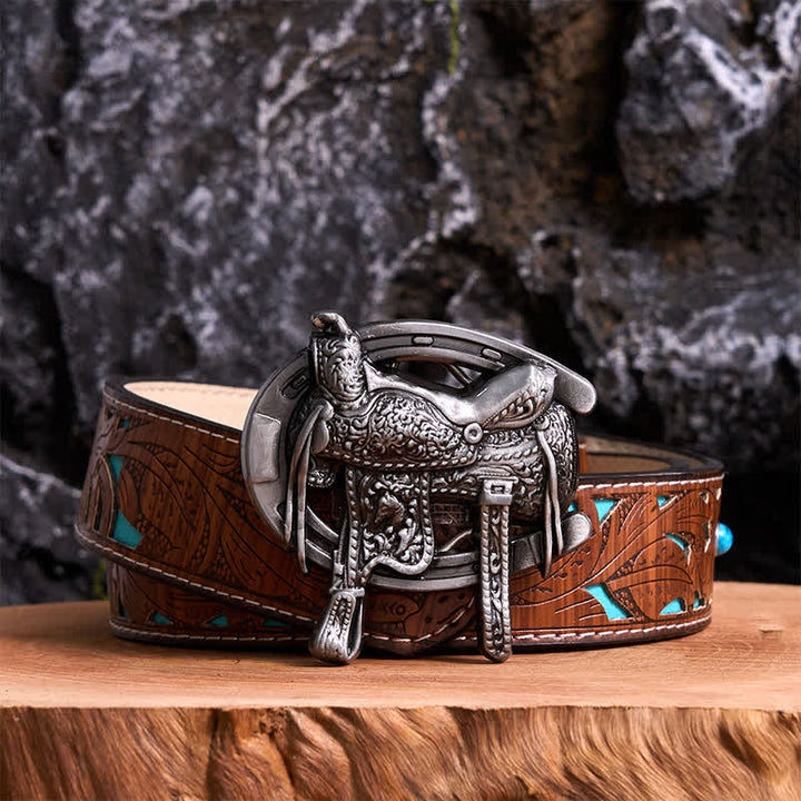 Cintura in pelle con fibbia a ferro di cavallo fai da te per sport equestri - Sella e ferro di cavallo - Cintura intagliata turchese - 42 - image 3