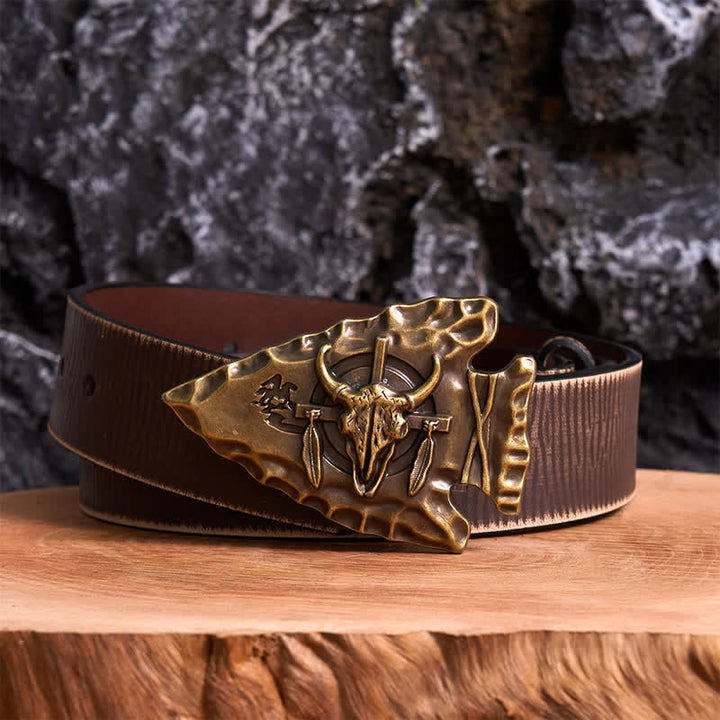 Cintura in pelle con fibbia a forma di toro a forma di freccia a forma di triangolo in bronzo fai da te - Bronzo antico - Cintura marrone anticata - 42 - image 5