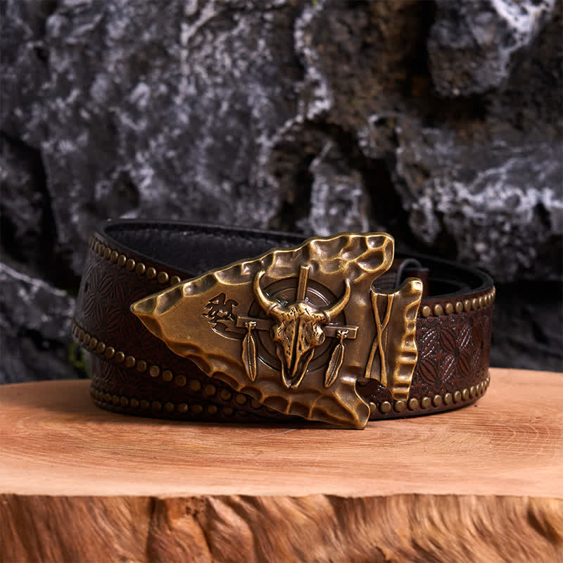 Cintura in pelle con fibbia a forma di toro a forma di freccia a forma di triangolo in bronzo fai da te - Bronzo antico - Cintura con rivetti marroni - 42 - image 4