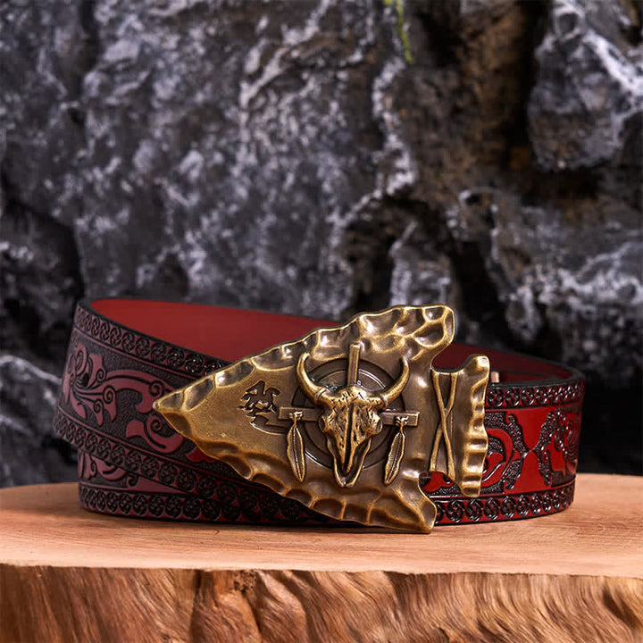 Cintura in pelle con fibbia a forma di toro a forma di freccia a forma di triangolo in bronzo fai da te - Bronzo antico - Cintura marrone intagliata - 42 - image 6