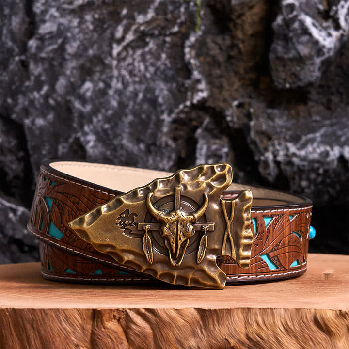 Cintura in pelle con fibbia a forma di toro a forma di freccia a forma di triangolo in bronzo fai da te - Bronzo antico - Cintura intagliata turchese - 42 - image 3
